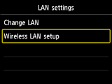 LAN settings screen: Select Wireless LAN setup